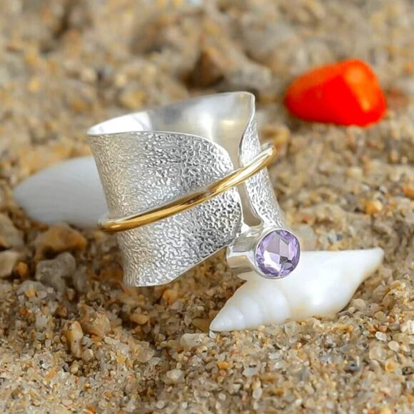 Wide Band Ring Irregular Frosted Surface Inlaid Waterish Fantasy Gemstone - Picture 1 of 5